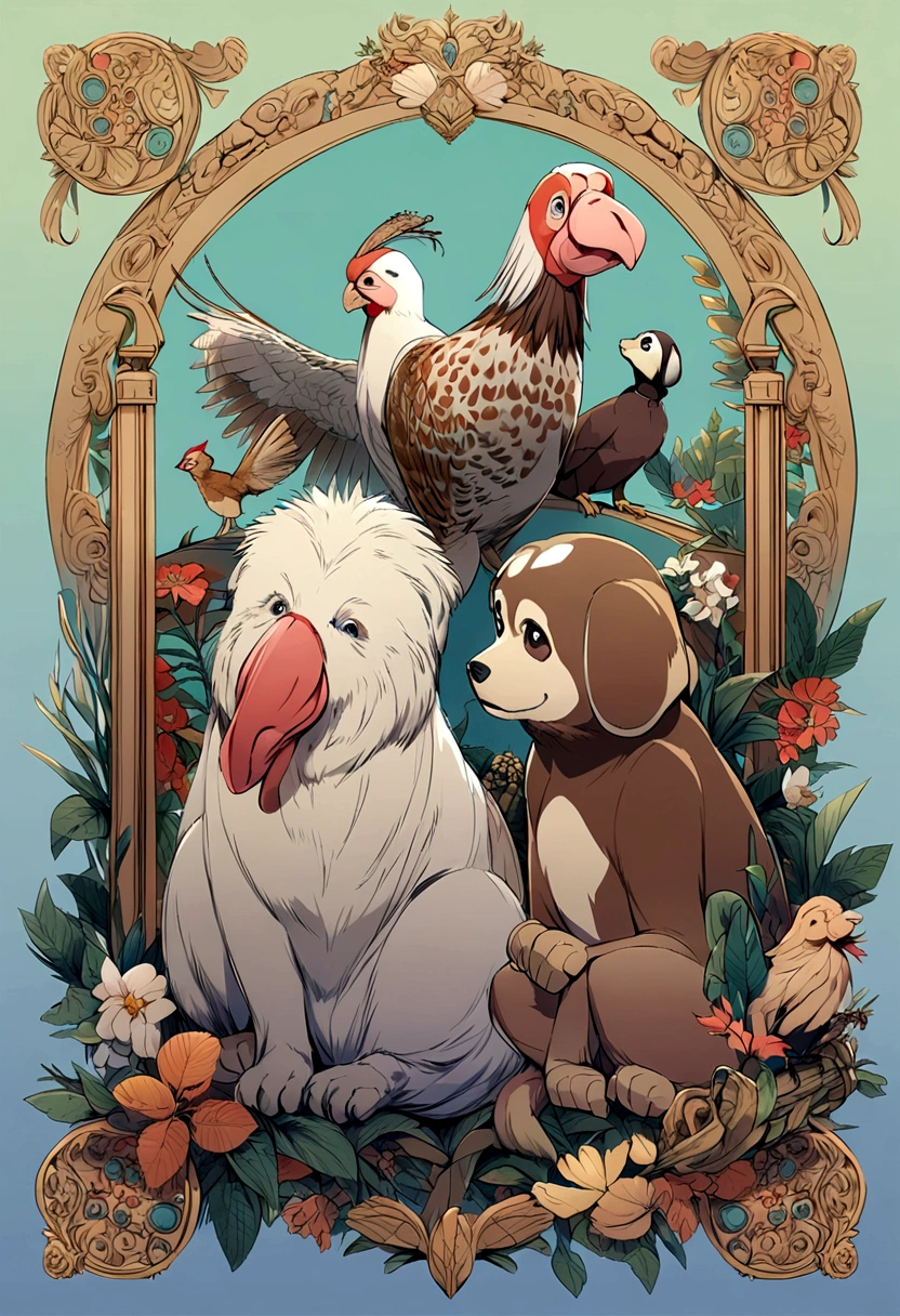 Anthropomorphic、Monkey, pheasant and dog get along well