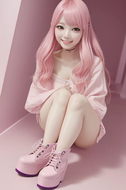 Highest quality、masterpiece、High sensitivity、High resolution、Detailed Description、Slender girl、Kogal、Pink Hair Color、Long fake nails、Color Contact Lenses、Smile and wink、Platform boots、