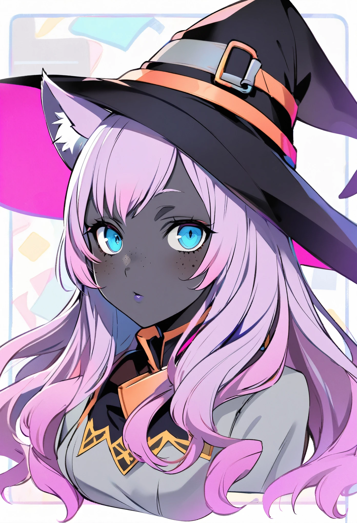 dark skin, Pink hair, freckles, witch hats hat. Blue eyes, long hair, black skin, gray skin, purple highlight,  cat girl, cat ears, solo, blush, colored skin, medium breasts, book background, looking at viewer, bust. Dress. portrait, Persona style