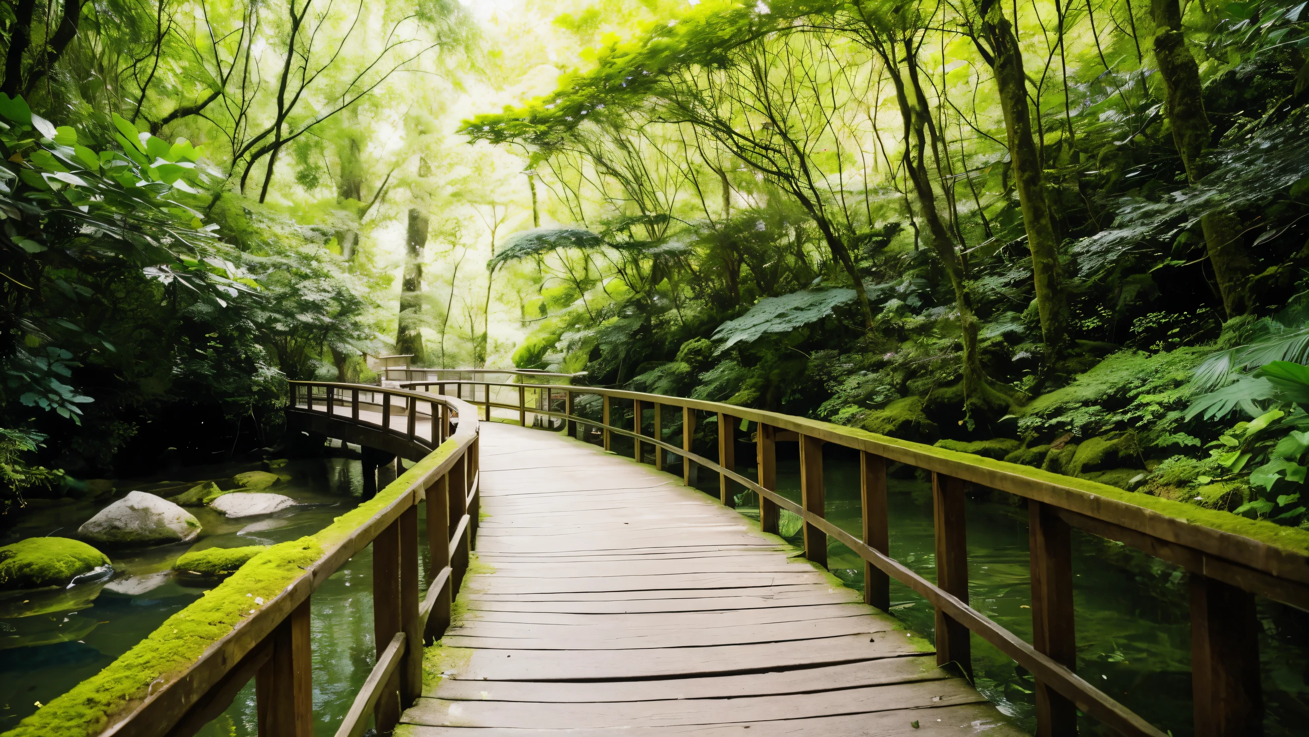 bridge: a quaint, A stream flows slowly under the wooden bridge. The bridge is old but strong, There is some moss growing on both sides.stream: Clear water flows under the bridge, Surrounded by smooth pebbles and small, Colorful fish can be seen through the water.surroundings: Lush greenery and tall trees and bushes. The sun shines through the gaps in the leaves, create a tranquility, Magical atmosphere.