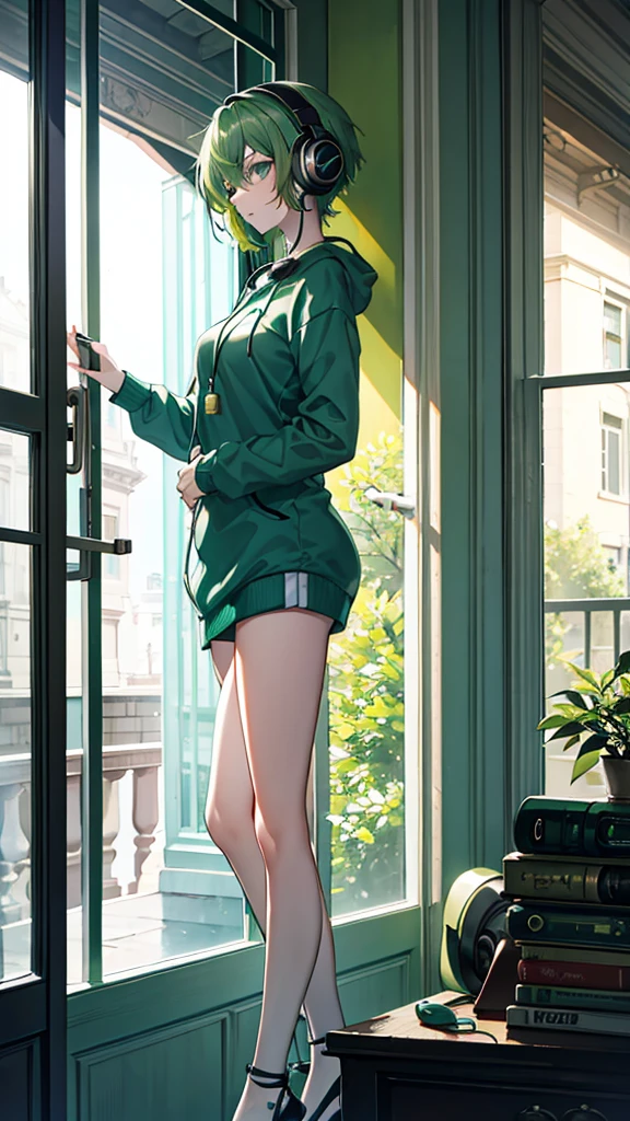 A woman with green hair stood by the window.,Put on the headphones..