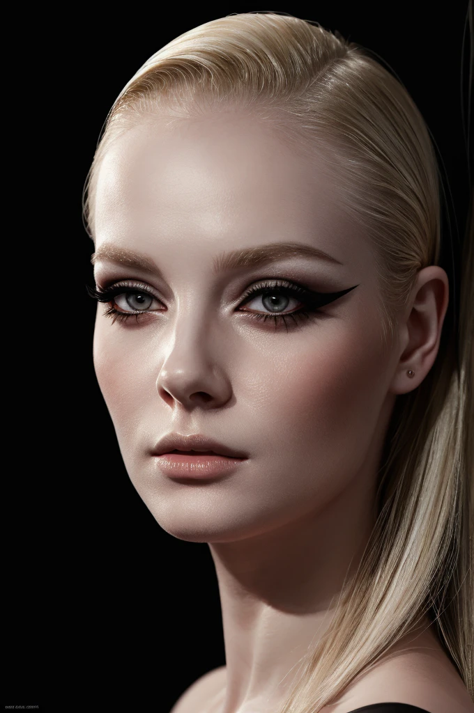 woman pretty, blonde, slicked back blonde hair  ,pale skin , eyeliner ,portrait, foxy eyeliner , makeup ,pale woman painting, beautiful light deep focus, elegant, digital painting, smooth, dramatic lighting , 8k, art , black background,black background, black wallpaper
