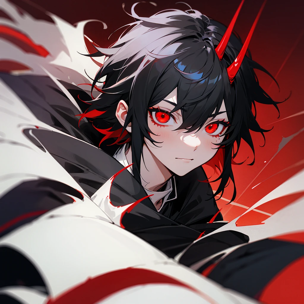 Generate anime boy with short black messy hair, red eyes, red demonic horn with black, black jacket with red lines and white shirt, black sclera of the eye, black spot on cheek