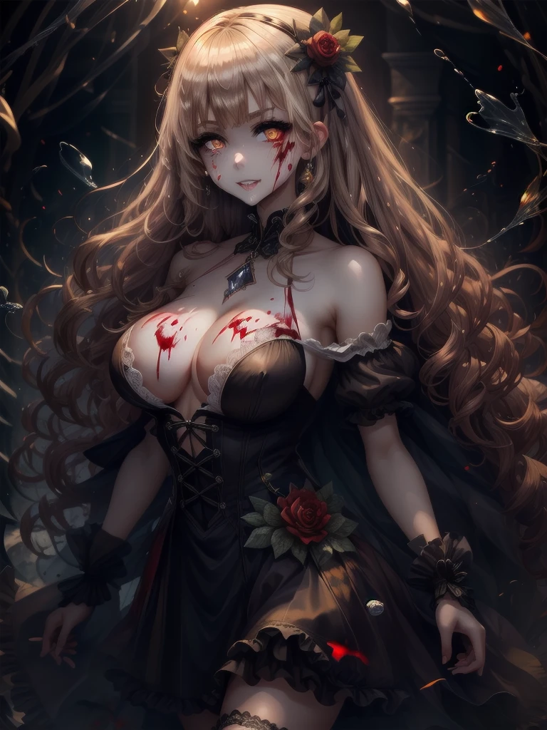 Delicate features,gothic ribbon headband , Eyelids wide open, The trend is all,Crazy Smile, Open your mouth wide, 口を開けてteethをむき出しにする,獣のような鋭いteeth, Wide lips, very wide mouth, Vermilion cheeks, Blonde, Princess Cut, Ribbon hair ornament, brooch, Shiny candy blue dress, Gold embroidery,ta Style, Gothic style, Facing the audience, Otaku Room, Well-built body, Nice body, Ample breasts, Thick body,Eyes Wide Open、Scary atmosphere、Distorted facial expressions、ねじれた笑face、Bloodstained、bleeding from the head,、Blood splatter、whole body、Long Hair、Long bangs、(((Dark circles under the eyes)))、Pale skin、Feeling unwell、Pathological、邪悪な笑face、Crazy Eyes、(Grin)Dramatic makeup,Create mixed media art,Well-built,Nice body,Broad shoulders,I focus,(face),Messy Hair,Yellow Eyes,(Glowing Eyes),(Blood splatter:1.6),Red light,笑face,big 笑face,teeth,psycho 笑face,gesugao,Dark city background,darkness,night,(close),Good Eyes, 良いteeth,サディスティックな笑face,,all,Shiny skin,詳細なface,Beautiful body,whole body油まみれで光沢感がある whole bodyから湯気が出ている Steam like a sauna room fills the screen.. White breath from the mouth Luxurious lace long gloves