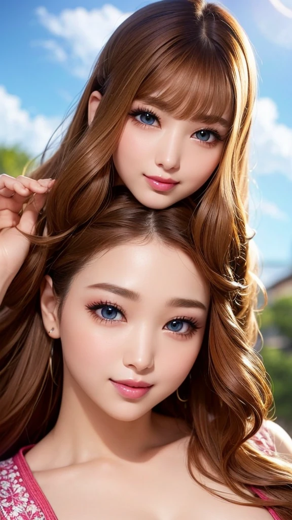 Beauty, Mystical Eyes、Big 、Super sexy、Pale skin、Shiny Hair、Super long hair、Loose and fluffy perm、Close to blonde、Are fat、fat、smile、Heavy makeup、Pink lipstick、Thick lipoisturized lips、Plump、Voluptuous、Indian、spring、Blue sky、White cloud、looking at the camera、Has bangs、Bangs fall on the forehead、Heavy makeup、Heavy makeup、The face is dark、Exotic Face
