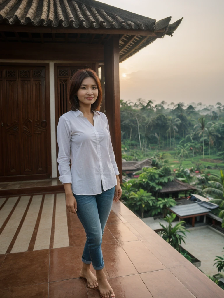 Mina, 1girl, solo, realistic, photorealistic, high quality picture, 8k, high resolution, detailed quality, film grain, natural photo, ultrarealistic, (((25-years-old))), ((detailed wrinkles in her face)), FILIPINA, (Background: Indonesian), (((SLIM))), ((THIN)), (Slender) (Auburn Short hair)), come hither look, fully clothed, Pose: standing, ((standing on her patio in her house in Indonesia)), sunrise, full shot
