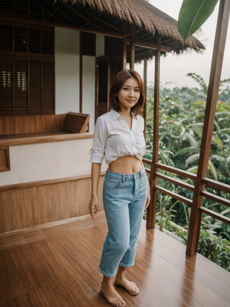Mina, 1girl, solo, realistic, photorealistic, high quality picture, 8k, high resolution, detailed quality, film grain, natural photo, ultrarealistic, (((25-years-old))), ((detailed wrinkles in her face)), FILIPINA, (Background: Indonesian), (((SLIM))), ((THIN)), (Slender) (Auburn Short hair)), come hither look, fully clothed, Pose: standing, ((standing on her patio in her house in Indonesia)), sunrise, full shot