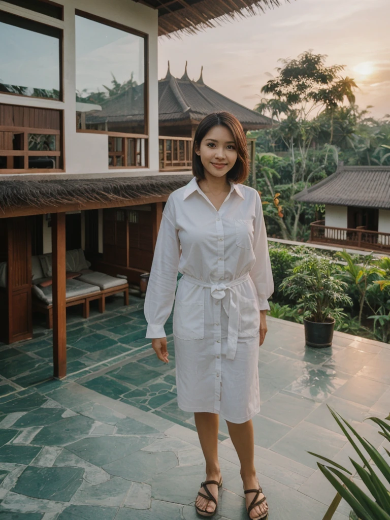 Mina, 1girl, solo, realistic, photorealistic, high quality picture, 8k, high resolution, detailed quality, film grain, natural photo, ultrarealistic, (((25-years-old))), ((detailed wrinkles in her face)), FILIPINA, (Background: Indonesian), (((SLIM))), ((THIN)), (Slender) (Auburn Short hair)), come hither look, fully clothed, Pose: standing, ((standing on her patio in her house in Indonesia)), sunrise, full shot