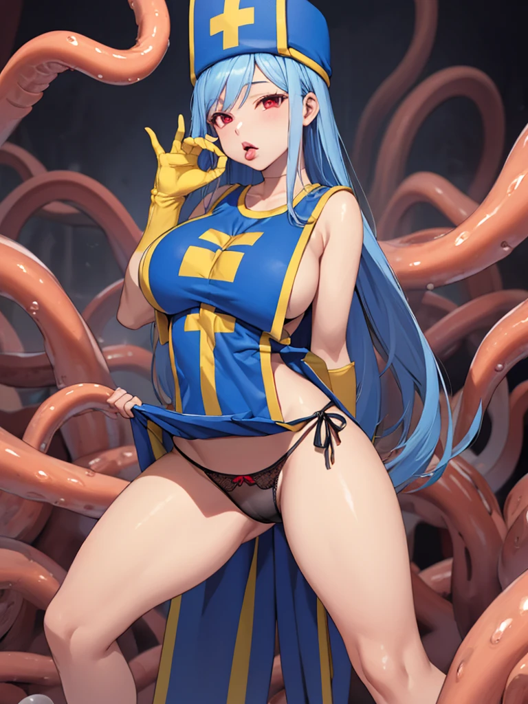 masterpiece,Highest quality, Unreal Engine, Super Resolution, Very detailed,
1 Girl, Waist, thin, (Muscular:0.8)
Round Breasts, Big Breasts, Bold, Part your lips, Observe the audience,
Are standing, sexy pose
Waist shot,Tentacles entangled in chest,Spread your legs,
Simple background anime style, Key Visual,
Light blue hair, Red eyes, Long-haired monk \(dq3\)
,,Tabard Elbow Gloves((Spread your legs上げる:1.3))(Sheer black panties:1.2)