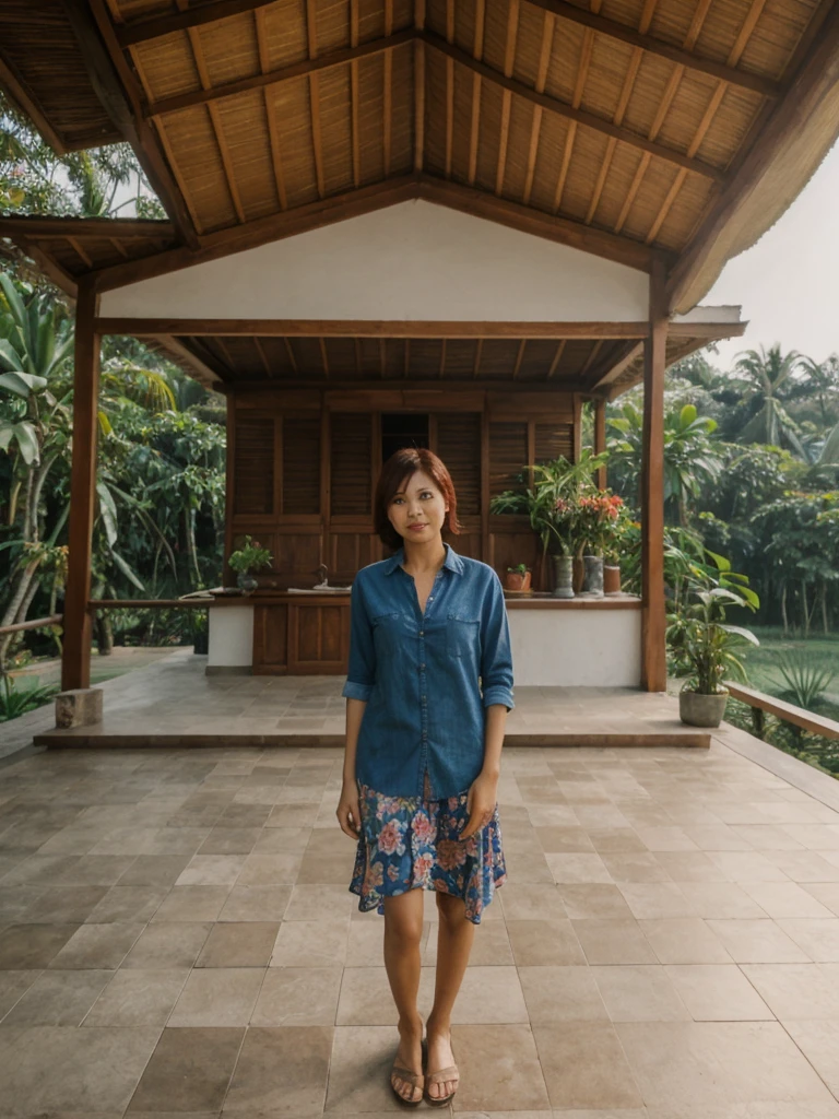 Mina, 1girl, solo, realistic, photorealistic, high quality picture, 8k, high resolution, detailed quality, film grain, natural photo, ultrarealistic, (((25-years-old))), ((detailed wrinkles in her face)), FILIPINA, (Background: Indonesian), (((SLIM))), ((THIN)), (Slender) (Auburn Short hair)), come hither look, fully clothed, Pose: standing, ((standing on her patio in her house in Indonesia)), sunrise, full shot