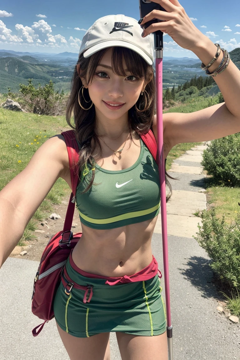 Carrying a large yellow waterproof hiking backpack, with a hiking pole in the right hand. Wearing a white hiking hat, a pink tight-fitting T-shirt tied in a knot at the hem to reveal a toned midriff with defined abs, and white tight-fitting skirt paired with white NIKE AIR FORCE athletic shoes. Adorned with a necklace, earrings, bracelets, and various bohemian (hippie) style hiking accessories, including a small waist bag and a water bottle. A happy half body photo while hiking, ((Selfie)), with a background of a deep mountain wilderness trail! ((Selfie))