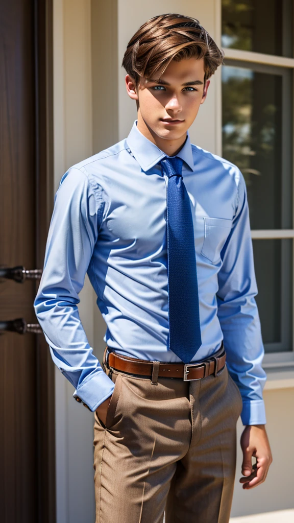 19 year old male wearing tie and lomg sleveed button up with belt and tucked in
4K HIGH REZ 

Physical Description: Brown colored hair and skinny build. 5"5 and 150 LB. Blue eyes. 

.