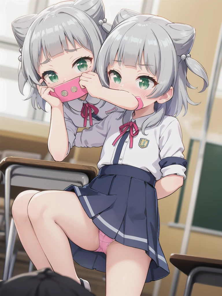 indoor,((classroom)),,Focus from below, Green Eyes, Grey Hair, hair ornaments, bangs, Virtual YouTuber, blunt bangs, Double Bang, Animal ears, Flat Chest,uniform,Pink Panties,blush,in heat,steam,1boy, uniform,male,Piggyback ride,Cover your face with your skirt,Men are down,Woman on top