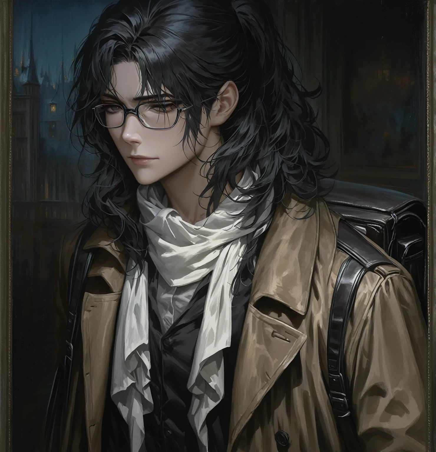 ((adult)), (woman), ((tall)), ((Ryoshu from Limbus company)) , masterpiece, best quality, dark aura,
((short pony black hair)), glasses, plain white shirt, brown coat, black pants, white kerchief with black marks around neck, carrying a robust leather bagpack, (faint smile), realistic anime style, (oil painting), dark old manor background, night, impasto.