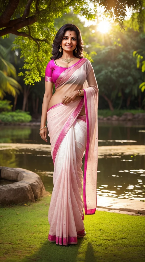 Indian middle age woman, outdoor beneath a tree beside a pond, brown tone skin colour, sexy hips, attractive looks, cute cleavage, gorgeous smile, curvy figure, middle age beautiful woman, pink tight blouse, white loose saree, smooth lighting, few sunrays on sexy body, like a dslr photo, realistic, realism, masterpiece