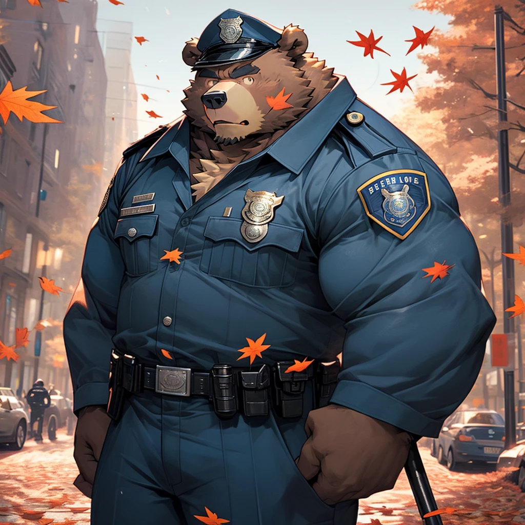 A muscular and strong police officer bear in uniform with a bustling city park with falling maple leaves in the background. A strong bear holding a baton