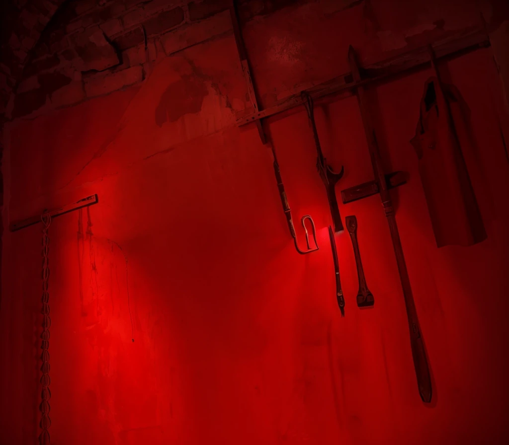 indoors,Old walls,{{red theme}},{dim},dungeon,SM tools hanging on the wall