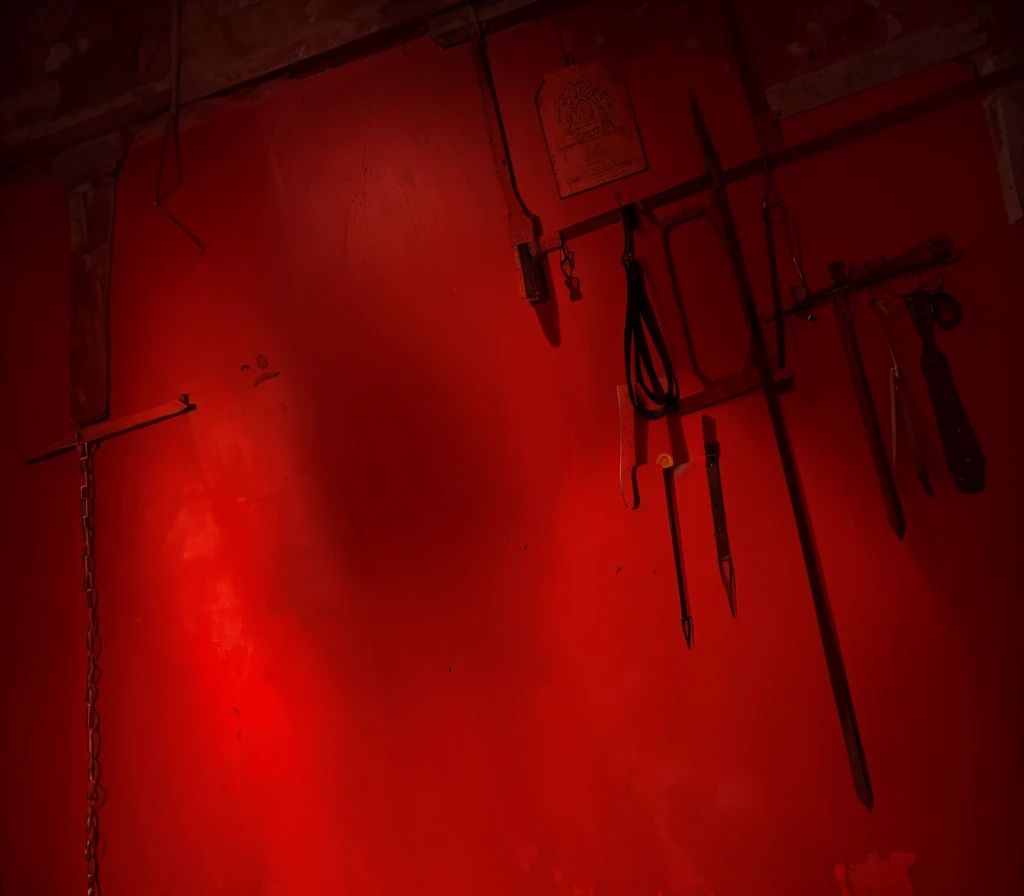 indoors,Old walls,{{red theme}},{dim},dungeon,SM tools hanging on the wall