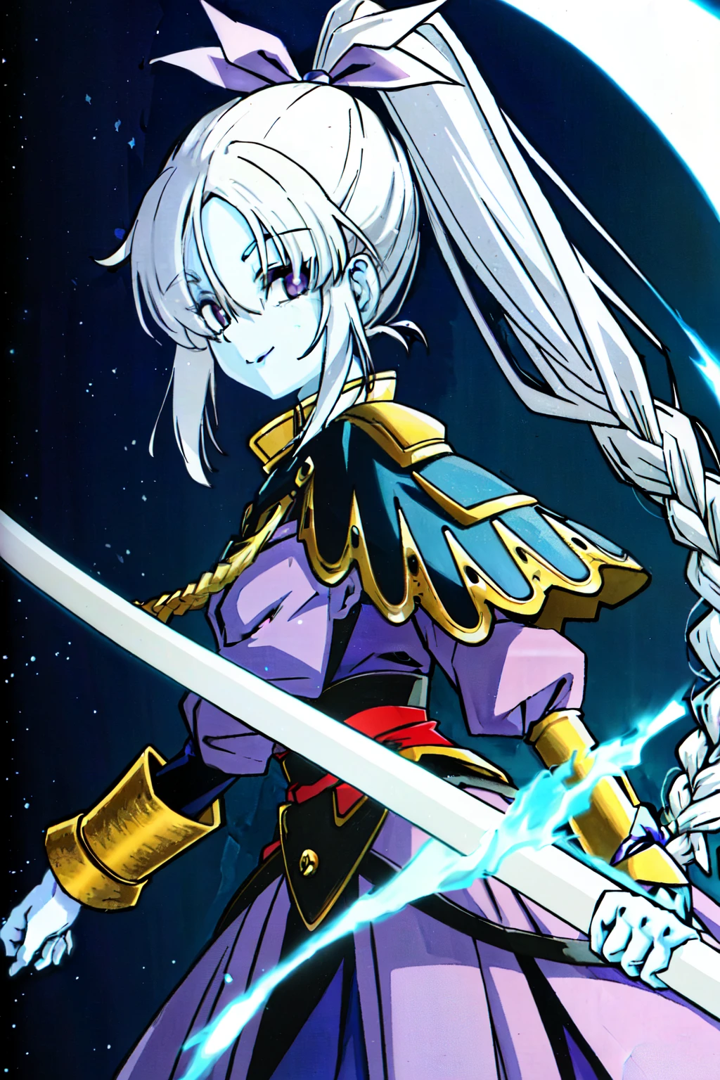 (extremely detailed CG unity 4k wallpaper),(masterpiece),(ultra quality),(ultra-detailed),(best illustration),(best shadow),(absurdres),(detailed background), 1girl, staff, long white hair, solo, hair in a loose braid, colored skin, high ponytail, white hair, purple eyes, long sleeves, holding staff, ponytail, holding, (blue skin:1.3), looking at viewer, purple lips, medium length hair