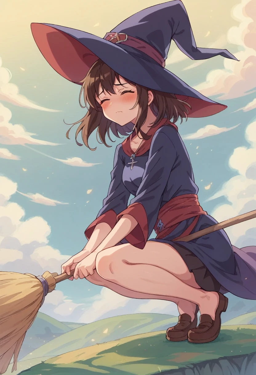 ((((空を飛ぶwitch))),((Ride a broom)),(Straddling a broom),Fantasy,Beautiful light and shadow,Anatomically correct,masterpiece,Highest quality,最高masterpiece,8K,Use of magic,witch:witchの帽子:witchの衣装:Familiar,Wind,Fantasy,wonderful,An illustration,Digital Art,wonderful,wonderful,カラーAn illustration,Rich colors,Blushing,Eyes closed,Mouth closed,Holding the end of the broom tightly with both hands,slightly squatting,Both feet are on the ground,Both feet are wearing shoes,（ One broom handle、The handle and the bristles of the broom are connected）