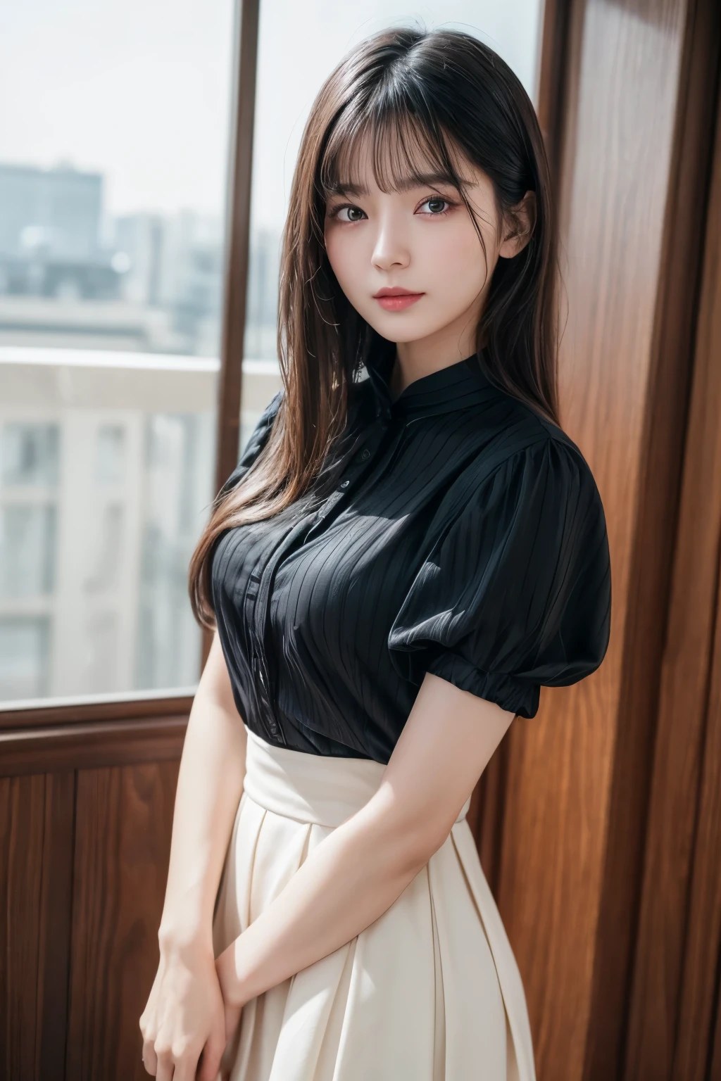 ((Best image quality、8K、masterpiece：1.3))、Realistic high-quality photos、Highest quality、Beautiful and elegant face and eyes、Black Hair、Shiny Hair、 OL、Wearing a short-sleeved blouse、Wear a long skirt、Full Body Shot.