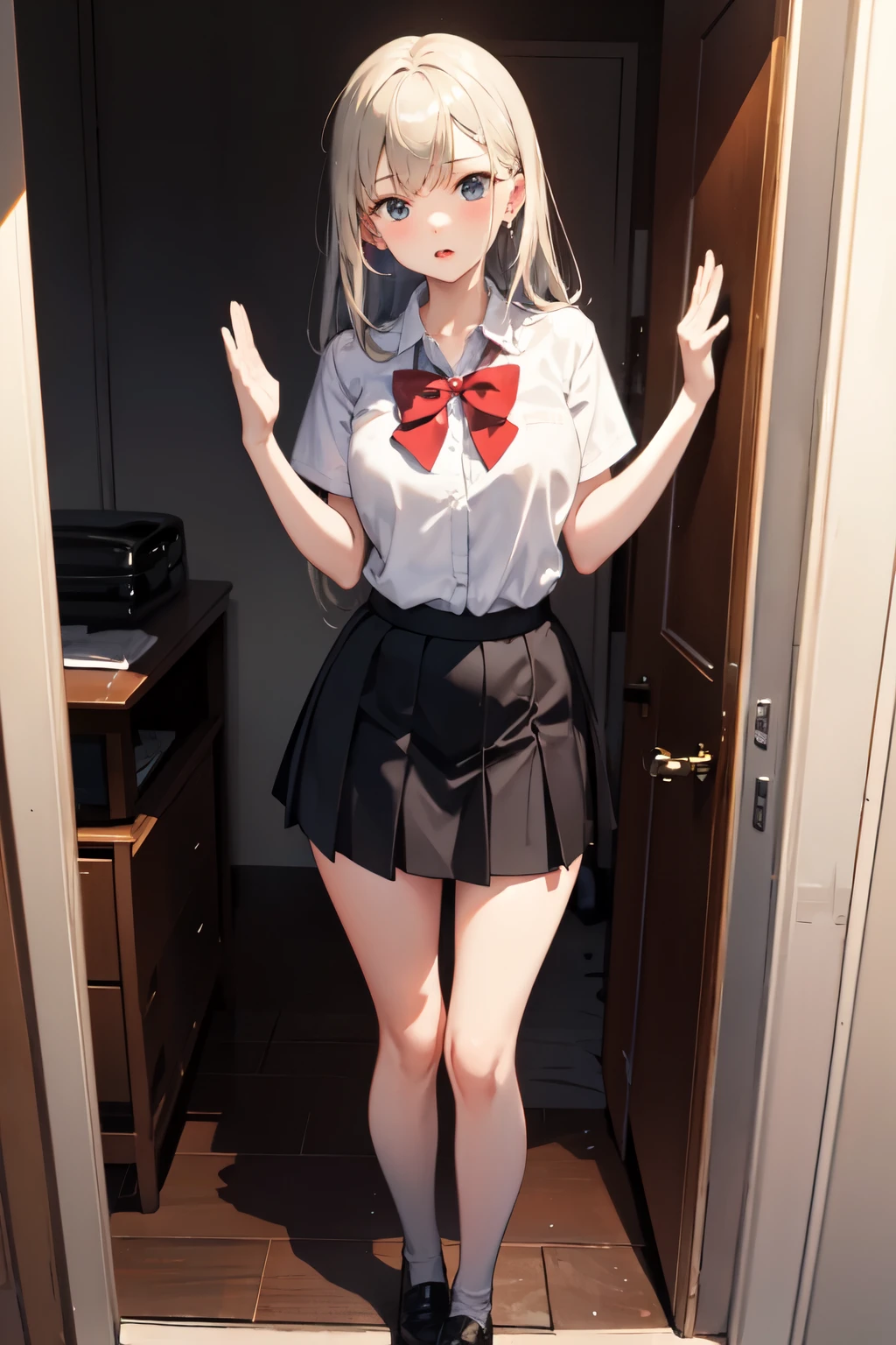 A blonde high school student is in the middle of taking off her .、The figure shows her holding up her skirt with her hands.。
silver hair