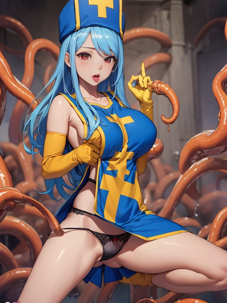 masterpiece,Highest quality, Unreal Engine, Super Resolution, Very detailed,
1 Girl, Waist, thin, (Muscular:0.8)
Round Breasts, Big Breasts, Bold,  Part your lips, Observe the audience,
, sexy pose
Waist shot,Tentacles entangled in chest,,
Simple background anime style, Key Visual,
 Light blue hair, Red eyes, Long-haired monk \(dq3\)
,,Tabard Elbow Gloves((Spread your legs:1.3))(Sheer black panties:1.2)
