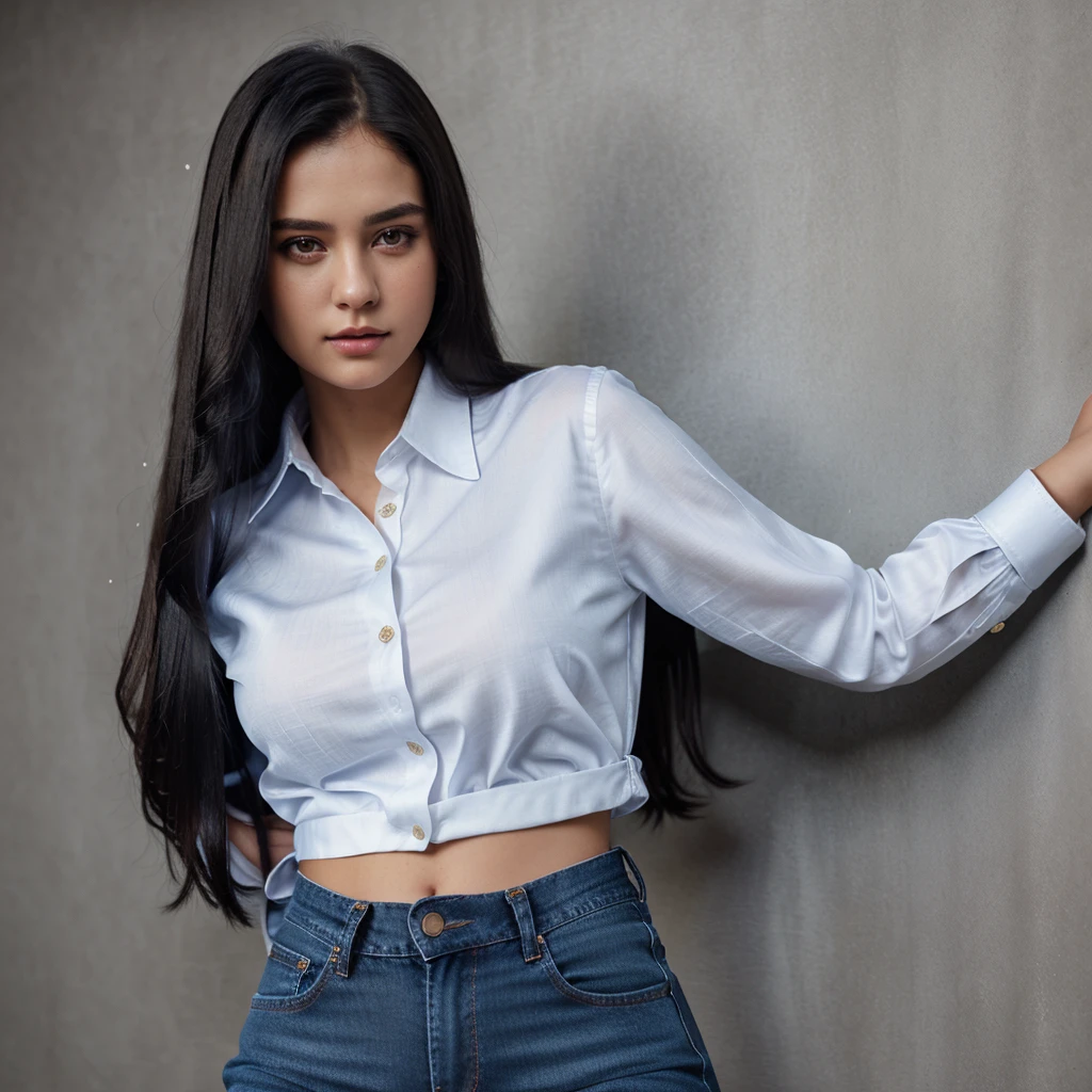 medium shot, cinematic photo 1girl, wearing blue jeans, classic tuck with a white, silk collared shirt, long sleeves, masterpiece, studio lighting, best quality, 4k (detailed face, detail skin texture), (ultra-detailed fine fabric emphasis), (black long straight hair),