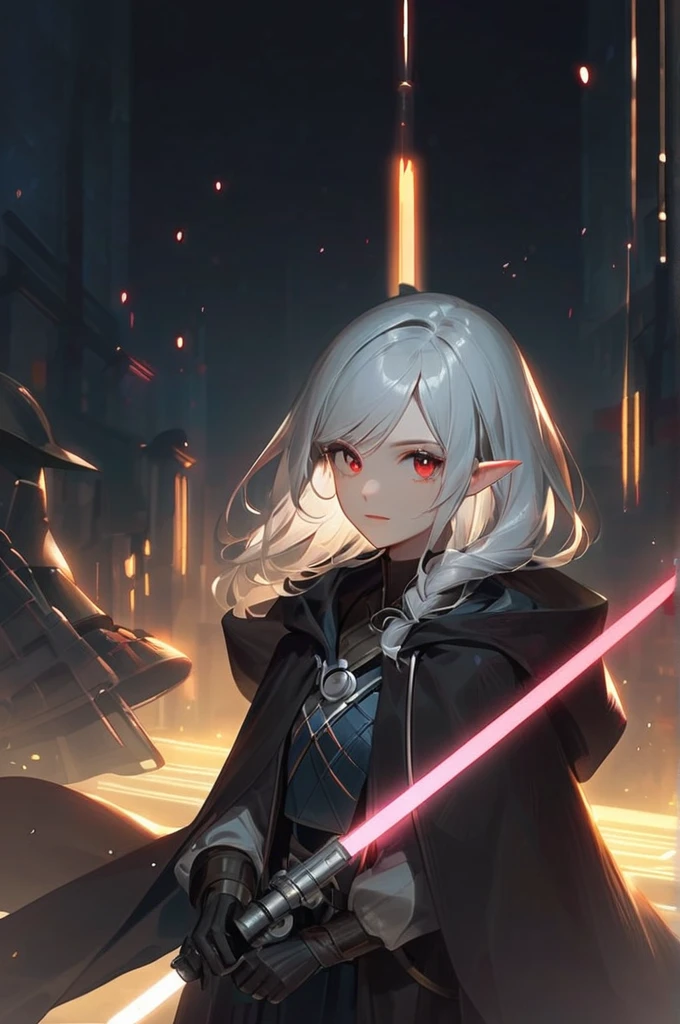 ((Лучшее качество)), ((шедевр)), (подробный), / genpro 1 girl, cloak, energy sword, gloves, glowing, incandescent sword, glowing weapon, holds, holds sword, holds weapon, hood, hooded hood, hooded cloak, lightsaber, looks at the viewer, night, pointed ears, red eyes, solo, sword, weapon, white hair, star wars
