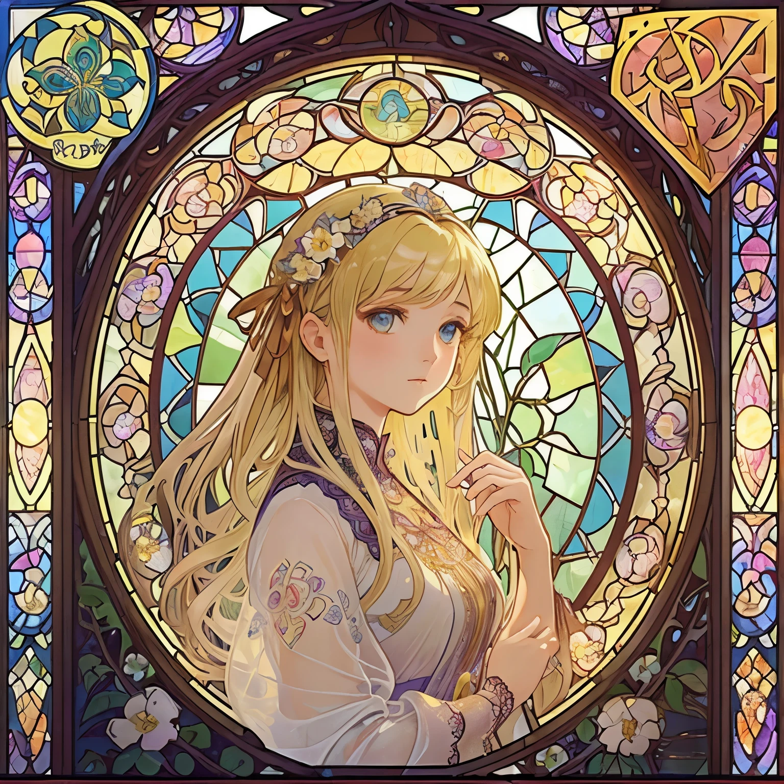 (((1 girl ))), masterpiece, highest quality, beautifully、aesthetic: 1.2, gem, Quality lace, Detailed frame, Flowers, leaf, A beautiful girl fits into the frame, Alphonse Mucha Style, Transparent and beautiful stained glass background,  blonde hair, platinum , jewery