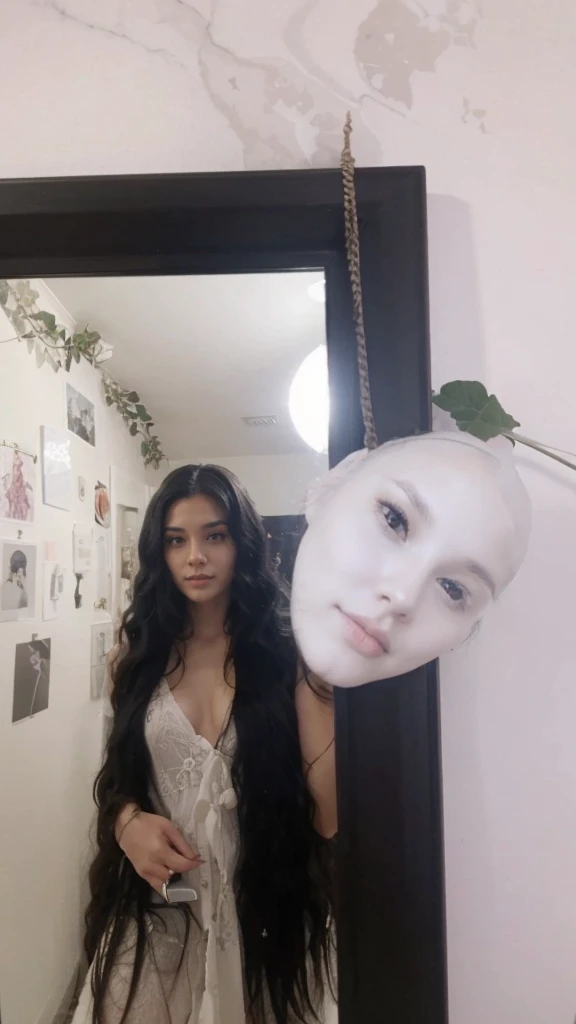 A girl with long wavy black taking mirror pictures in her room