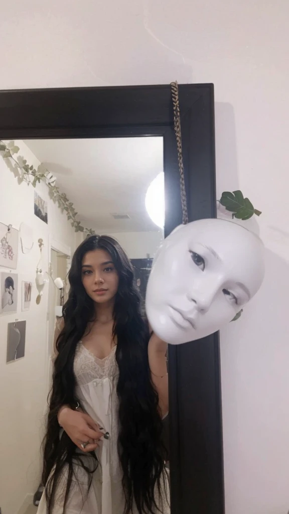 A girl with long wavy black taking mirror pictures in her room
