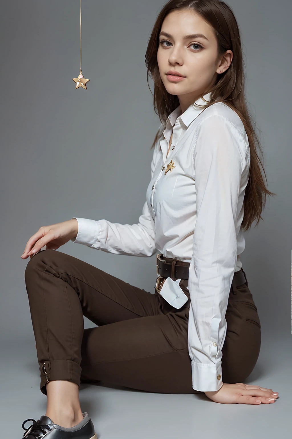 aot style, shingeki no kyojin,, , christa renz,, 1girl, belt, belt buckle, blonde hair, blue eyes, brown footwear, brown pants, buckle, chest belt, collared shirt, diamond (shape), floating hair, from side, full body, grey background, hair between eyes, hands on own thighs, long hair, long sleeves, looking ahead, own hands together, pants, parted lips, shirt, shoes, sitting, solo, sparkle, star (symbol), thigh strap, white shirt, , , ((masterpiece)), best quality, ,