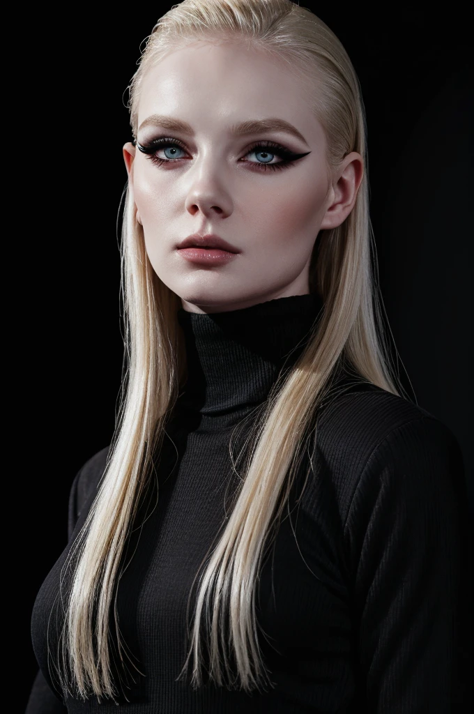 woman pretty, blonde, slicked back blonde hair  ,pale skin ,wearing black turtleneck, eyeliner ,portrait, foxy eyeliner , makeup ,pale woman painting, beautiful light deep focus, elegant, digital painting, smooth, dramatic lighting , 8k, art , black background,black background, black wallpaper