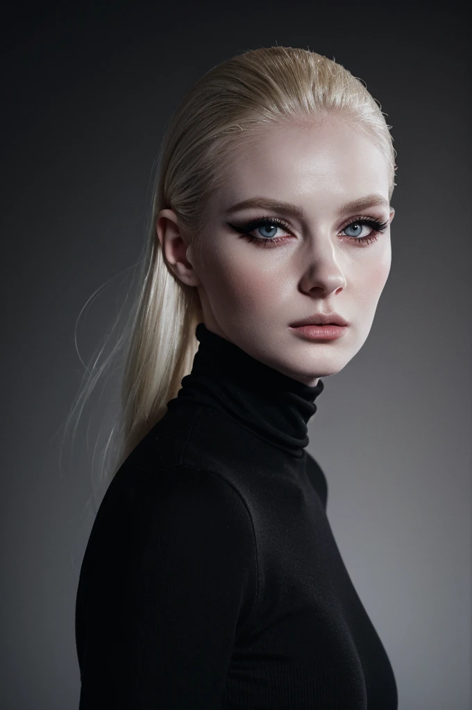 woman pretty, blonde, slicked back blonde hair  ,pale skin ,wearing black turtleneck, eyeliner ,portrait, foxy eyeliner , makeup ,pale woman painting, beautiful light deep focus, elegant, digital painting, smooth, dramatic lighting , 8k, art , black background,black background, black wallpaper