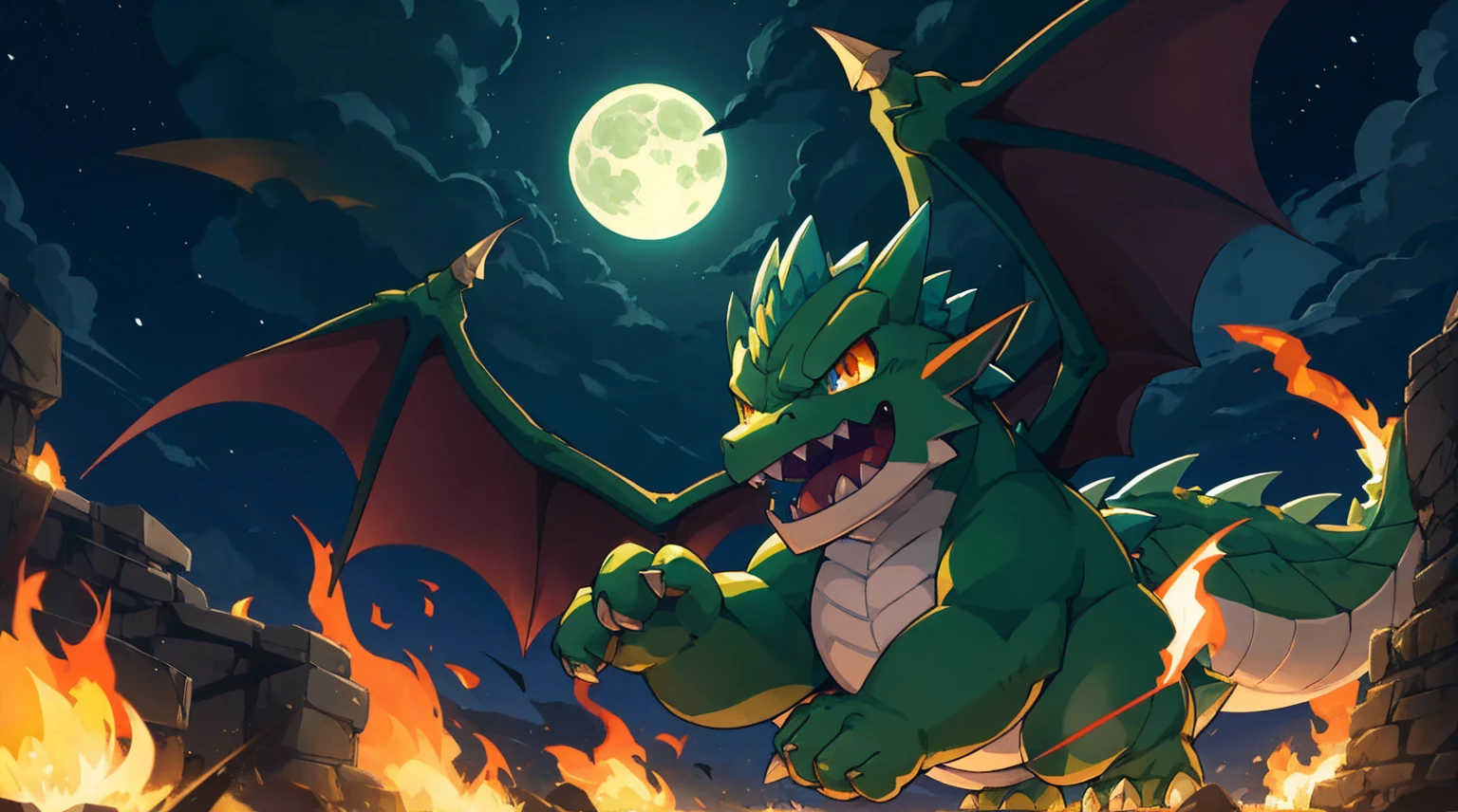 A small and cute dragon monster, green monster, cute little winged dragon, A dragon with a short and chubby body type, baby dragon, angry expression, Moonlit night, night background, eyes burning with fire, Flying with small wings