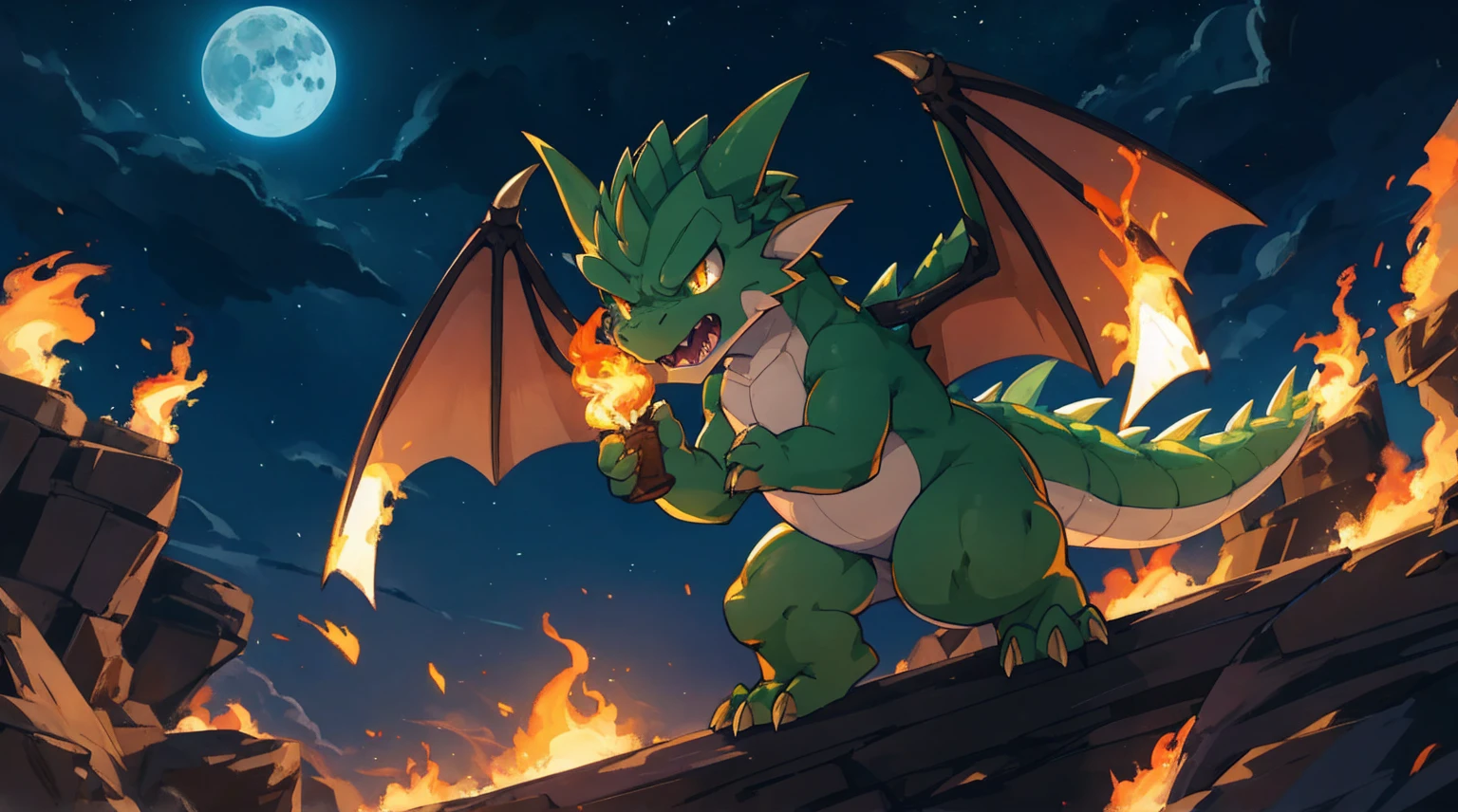 A small and cute dragon monster, green monster, cute little winged dragon, A dragon with a short and chubby body type, baby dragon, angry expression, Moonlit night, night background, eyes burning with fire, Flying with small wings