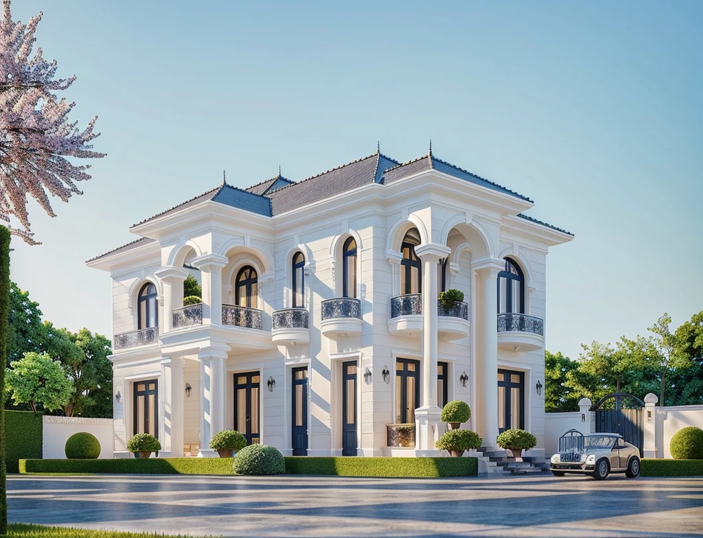 1 maison de style néoclassique, La maison de ville est faite de murs blancs, belle lumière, journée de beauté, ensoleillé, Beaucoup de bougainvilliers rouges le long de la route:1.3, belle sensation de jeunesse :1.2, soleil à midi, Très belles ombres