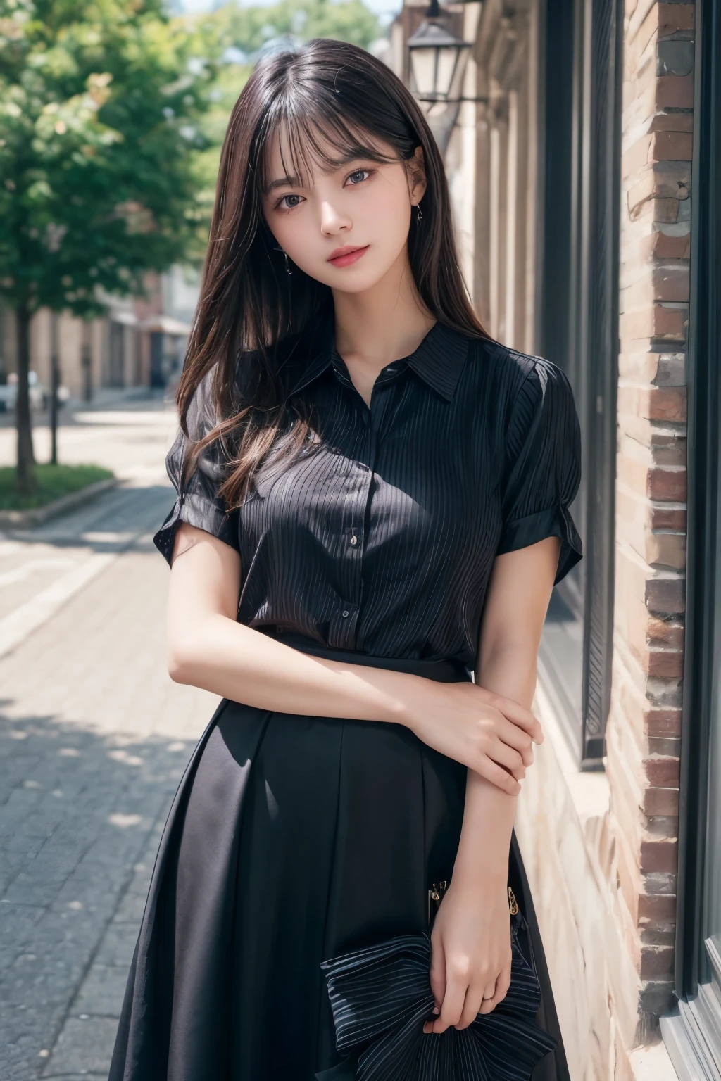 ((Best image quality、8K、masterpiece：1.3))、Realistic high-quality photos、Highest quality、Beautiful and elegant face and eyes、Black Hair、Shiny Hair、 OL、Wearing a short-sleeved blouse、Wear a long skirt、Full Body Shot.