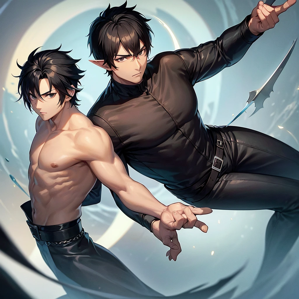 A man with short, black hair, black eyes, black shirt, elf race, is a wizard, has 2 arms, looks like cid kagenou.