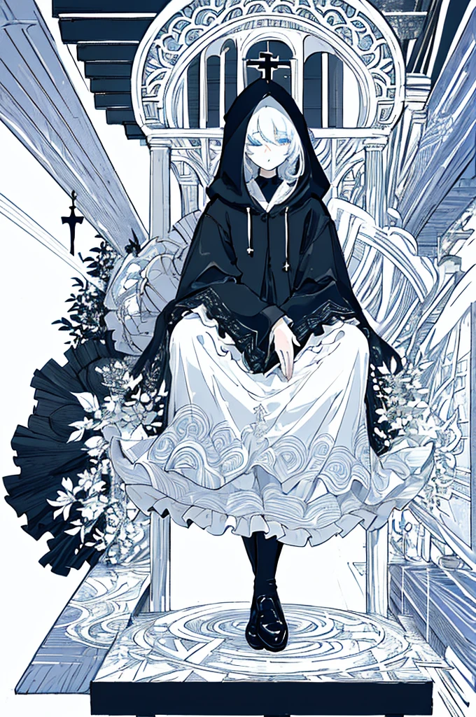 (masterpiece,high quality:1.2),(real picture, intricate details), (1lady, solo,full body),Wearing a black robe with lace,Wearing a black hood,hood covers his eyes,black hair,Slightly curlyhair,Beautiful,cold expression,background castle,sit on seat,Cross your feet,Erlang legs