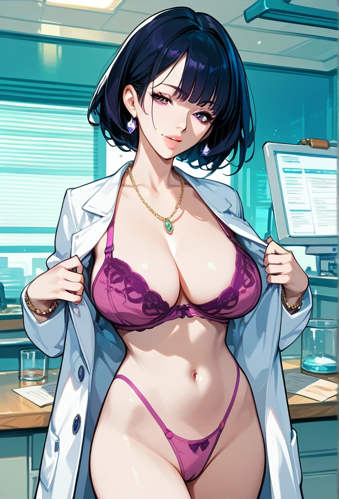 mature woman, mature face, hot face, glossy lips, (black hair, short hair, hime bangs), mature body, big breast, magenta bra, lab coat, violet thong, lab, tongue out
