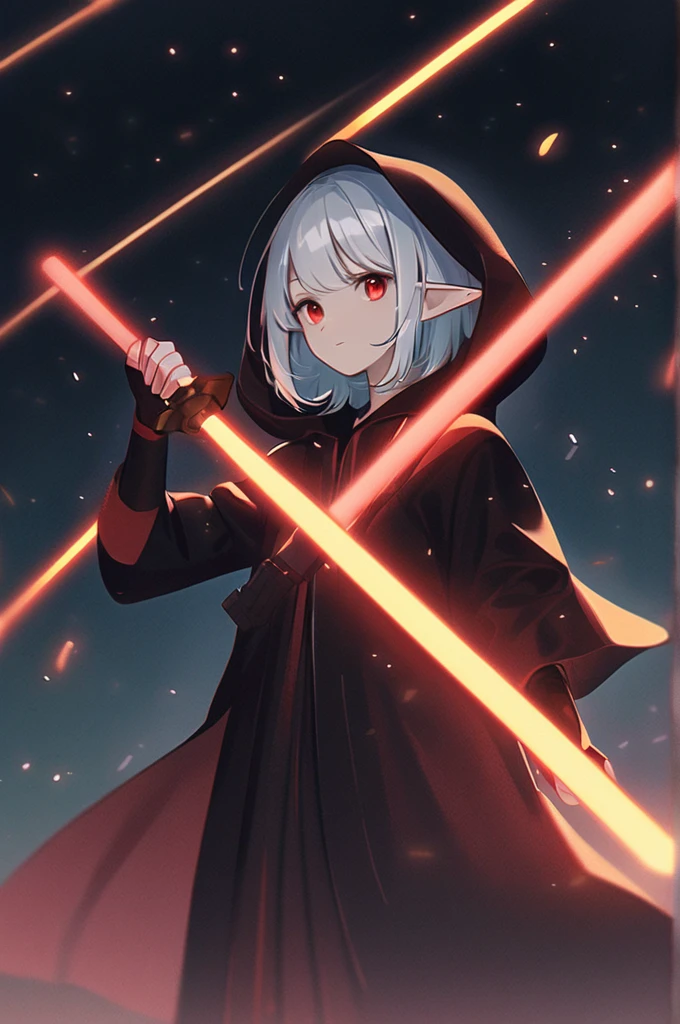 ((Лучшее качество)), ((шедевр)), (подробный), / genpro 1 girl, cloak, energy sword, gloves, glowing, incandescent sword, glowing weapon, holds, holds sword, holds weapon, hood, hooded hood, hooded cloak, lightsaber, looks at the viewer, night, pointed ears, red eyes, solo, sword, weapon, white hair, star wars