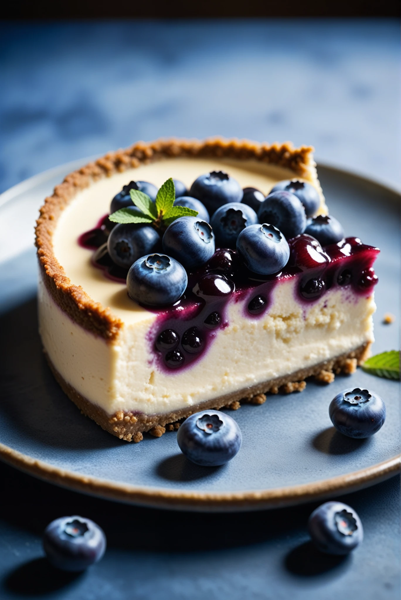 Documentary RAW Photography,a Blueberry Cheesecake, highlighting its exquisite, lacy texture and impeccable balance. The composition should evoke an irresistible urge to taste, with every detail crafted to inspire both amateur and seasoned cooks, (sharpness in detail:1.1), masterpiece, 35mm photograph, (iconic photograph:1.4), (visual storytelling:1.2), film grain, award winning photography,vibrant use of light and shadow, high quality textures of materials, volumetric textures perfect composition, dynamic play of light, rich colors, epic shot, perfectly quality, natural textures,high detail, photoshadow, (natural colors, correct white balance, color correction, dehaze),(intricate detailed), 8k