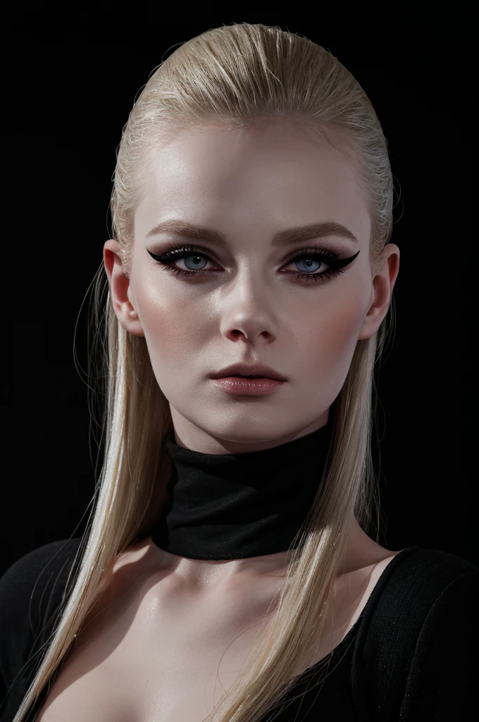 woman pretty, blonde, slicked back blonde hair ,pale skin ,wearing black turtleneck, eyeliner ,portrait, foxy eyeliner , makeup ,pale woman painting, beautiful light deep focus, elegant, digital painting, smooth, dramatic lighting , 8k, art , black background,black background, black wallpaper