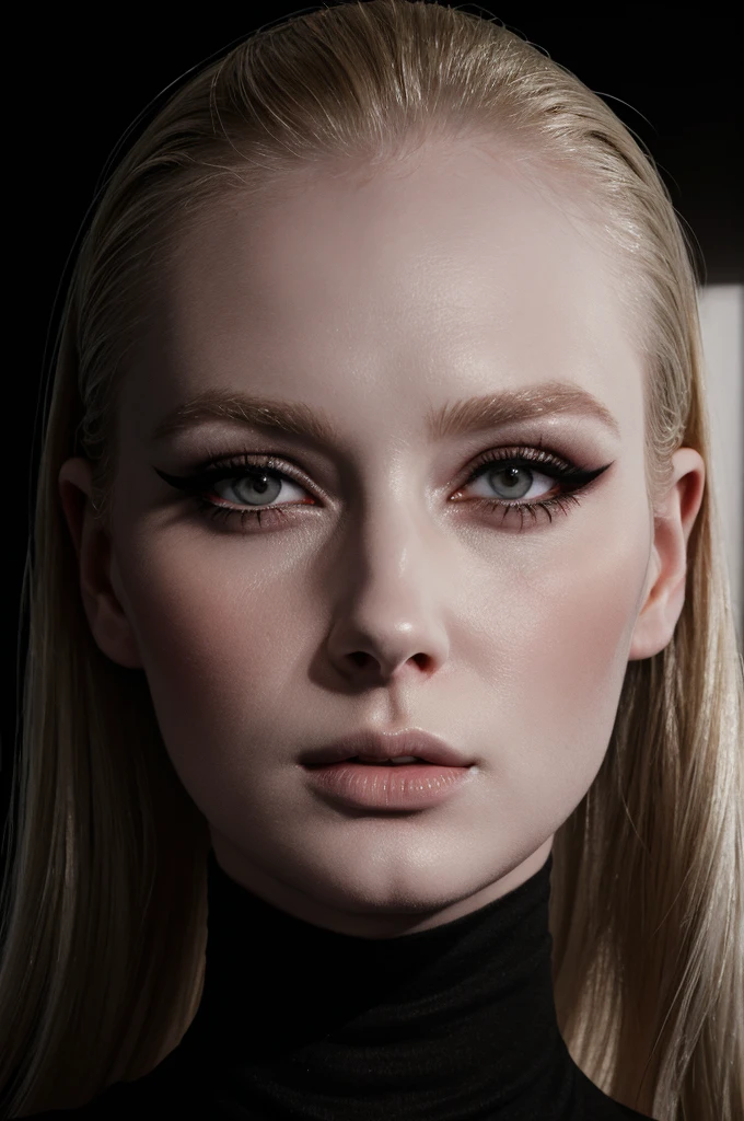 woman pretty, blonde, slicked back blonde hair  ,pale skin ,wearing black turtleneck, eyeliner ,portrait, foxy eyeliner , makeup ,pale woman painting, beautiful light deep focus, elegant, digital painting, smooth, dramatic lighting , 8k, art , black background,black background, black wallpaper