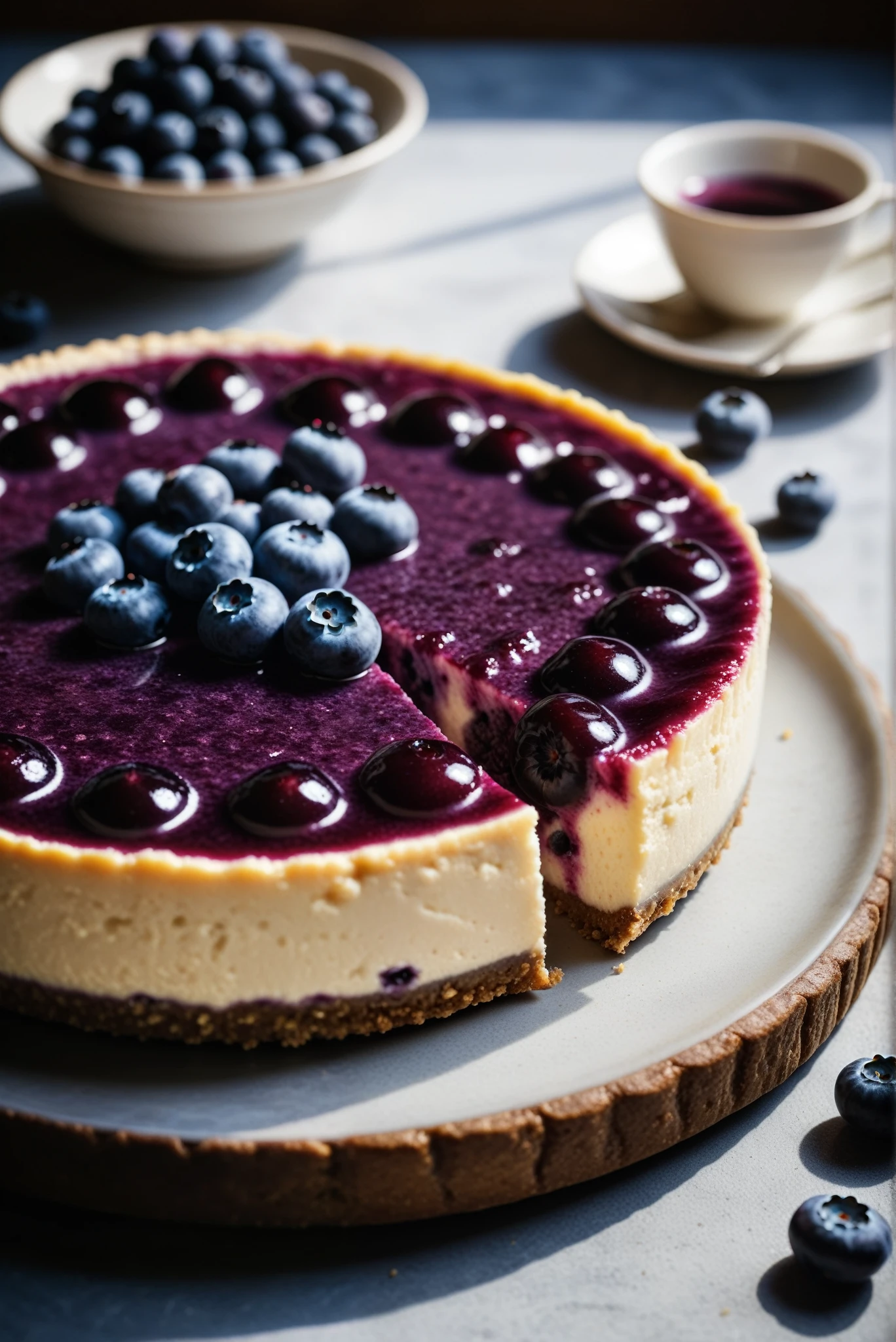 Documentary RAW Photography,a Blueberry Cheesecake, highlighting its exquisite, lacy texture and impeccable balance. The composition should evoke an irresistible urge to taste, with every detail crafted to inspire both amateur and seasoned cooks, (sharpness in detail:1.1), masterpiece, 35mm photograph, (iconic photograph:1.4), (visual storytelling:1.2), film grain, award winning photography,vibrant use of light and shadow, high quality textures of materials, volumetric textures  perfect composition, dynamic play of light, rich colors, epic shot, perfectly quality, natural textures,high detail, photoshadow, (natural colors, correct white balance, color correction, dehaze),(intricate detailed), 8k