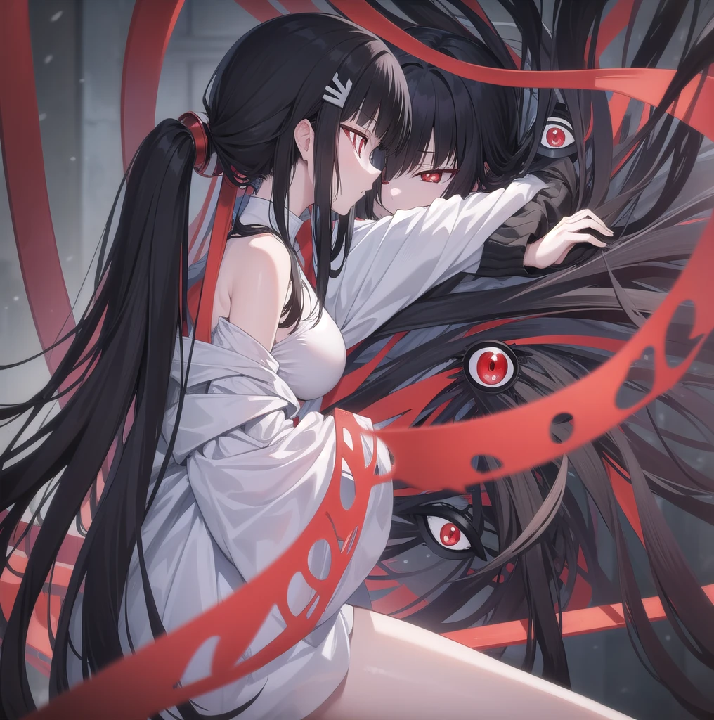 Rivertsukatsuki, River, black hair, (red eyes:1.5), hair ornament, hairclip, Halation, long hair,
、Extremely large breasts(4700)、紫ヒョウ柄ビキニ