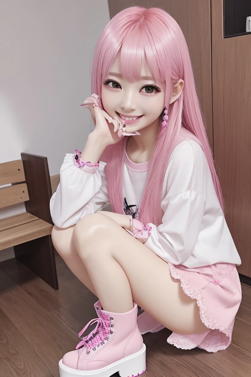 Highest quality、masterpiece、High sensitivity、High resolution、Detailed Description、Slender girl、Kogal、Pink Hair Color、Long fake nails、Color Contact Lenses、Smile and wink、Platform boots、
