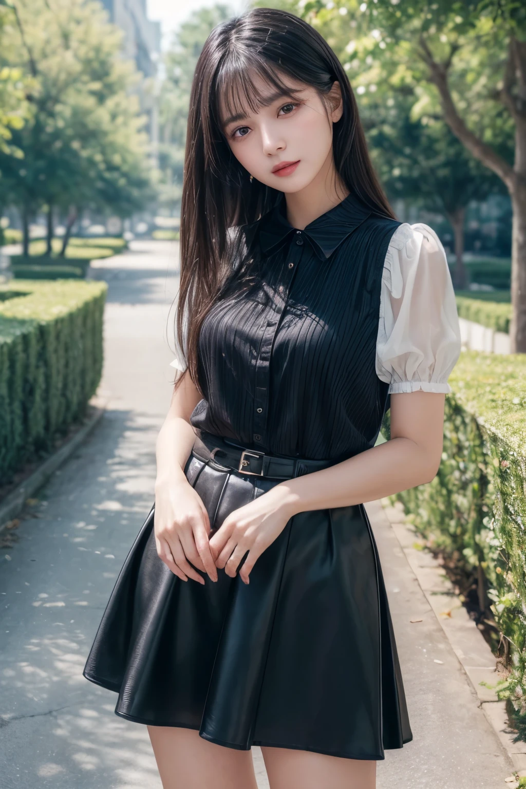 ((Best image quality、8K、masterpiece:1.3))、Realistic high-quality photos、Highest quality、Beautiful and elegant face and eyes、Black Hair、Shiny Hair、 OL、Wearing a short-sleeved blouse、Wear a long skirt、Full Body Shot.